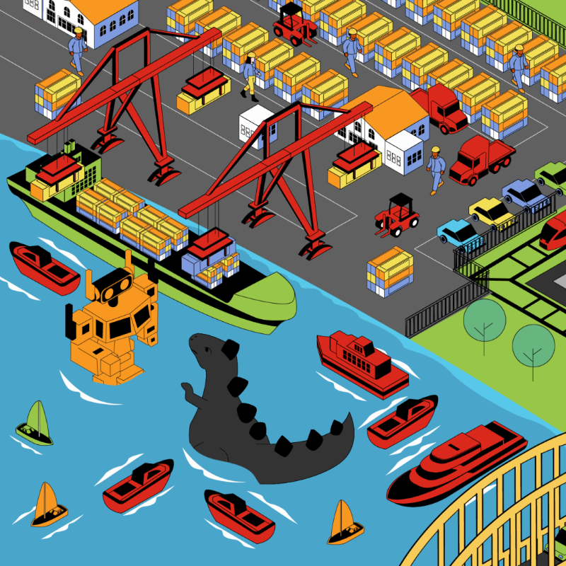 Cummins's tweet photo. From busy ports to the big cities to down on the farms, @Cummins applications work hard to make our lives better. 

To celebrate National #EngineDay, we're challenging you to find all of the Cummins-powered applications at work in this busy port. Swipe 👉 to find them all!