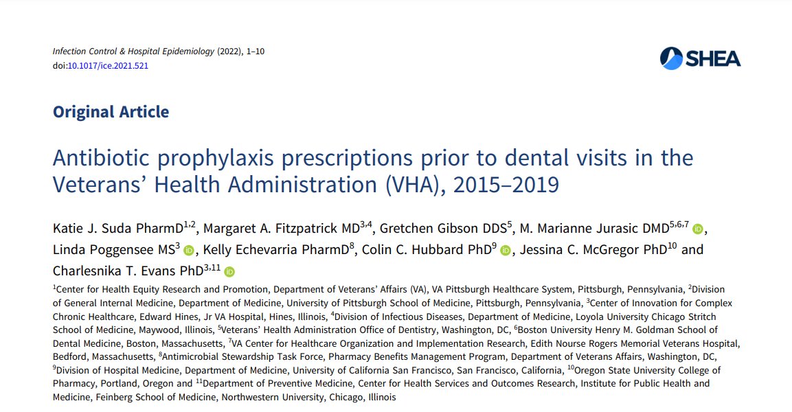 New in @ICHEJournal from @SUDAmonas et al: ➡️ Five out of six antibiotics prescribed for dental infection prophylaxis in VA were inconsistent with guidelines. Improving prophylaxis appropriateness may have large implications for stewardship. 📄: doi.org/10.1017/ice.20…
