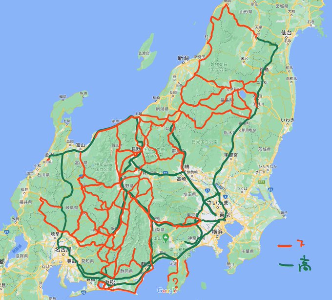 二輪で遊びに行った道を大体書き出してみたんですけど、お前一体どこに住んでんだ???? みたいな地図になっちゃった 