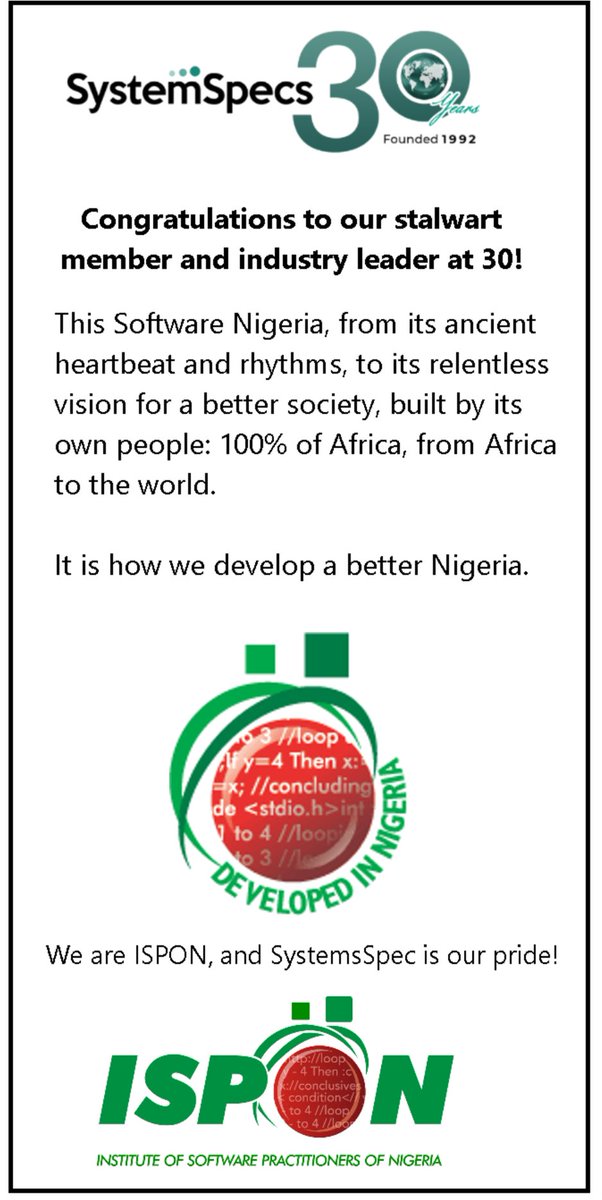 Congratulations to our stalwart ISPON member and true industry leader. To <a href="/SystemSpecsNig/">SystemSpecs</a>  - ISPON sees you, ISPON applauds you! 

These are the companies that will make Nigeria great.