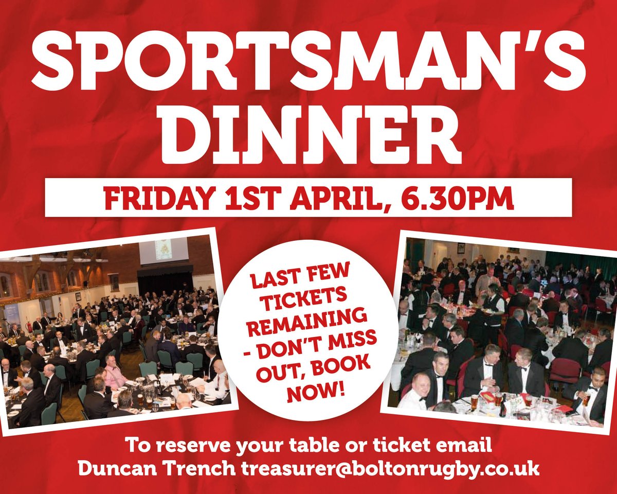 BoltonRUFC's tweet photo. Sportsman's Dinners are back!
We will be holding our fantastic sportsman's dinner in the magnificent surroundings of Bolton School on Friday 1st April 6.30pm.
Tickets on sale now, buy in tables of 10 or individual tickets for £42.50.
For tickets email treasurer@boltonrugby.co.uk https://t.co/YDonvu8coM