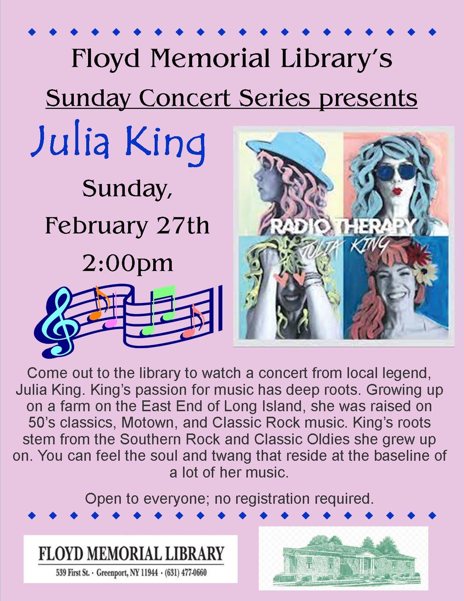 floyd_library's tweet photo. It’s a #WellnessWednesday #NorthFork and we’ve got a treat for you this weekend!
#FloydMemorialLibrary is happy to host the Uber-talented, @juliakingmusic! Make sure to stop down on Sunday (2/27) at 2pm for a toe-tapping good time 🎸 https://t.co/3KVnsXnWAO