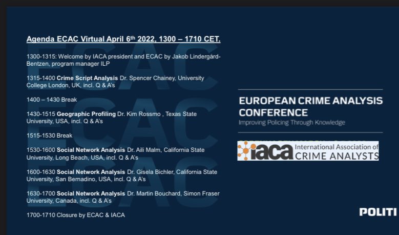 Dear analysis friends, April 6th 2022 between 1300-1700 CET we host the FREE annual European Crime Analysis Conference 2022 online  with IACA. Take a look at the stellar line-up and register here  attendee.gotowebinar.com/register/20694…
More info available soon at IACA.net