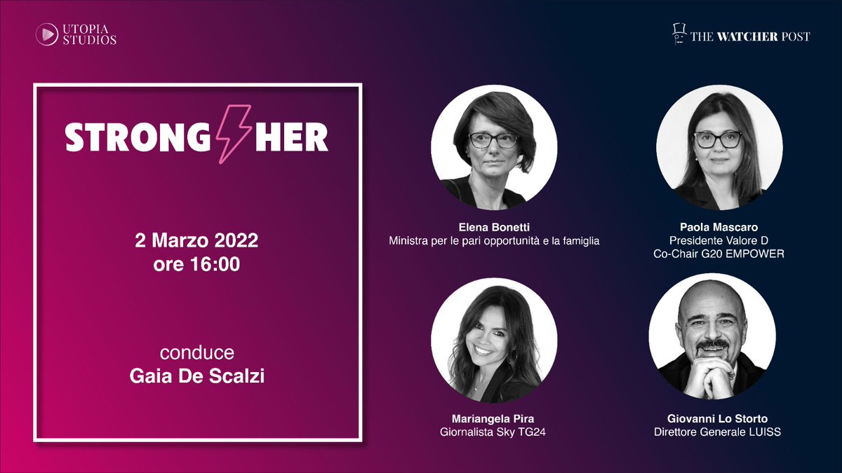 💡#StrongHer: ci siamo! Come un fulmine (rosa) ci sorprenderanno mercoledì #2marzo, h16, le storie di 4 ospiti speciali. Focus su: #leadership femminile, inclusione, diversità.

📹LIVE da UTOPIA Studios

<a href="/elenabonetti/">Elena Bonetti</a> @paola_mascaro <a href="/MariangelaPira/">Mariangela Pira</a> <a href="/Giannilostorto/">Giovanni Lo Storto</a> <a href="/GaiaDeScalzi/">Gaia De Scalzi</a>