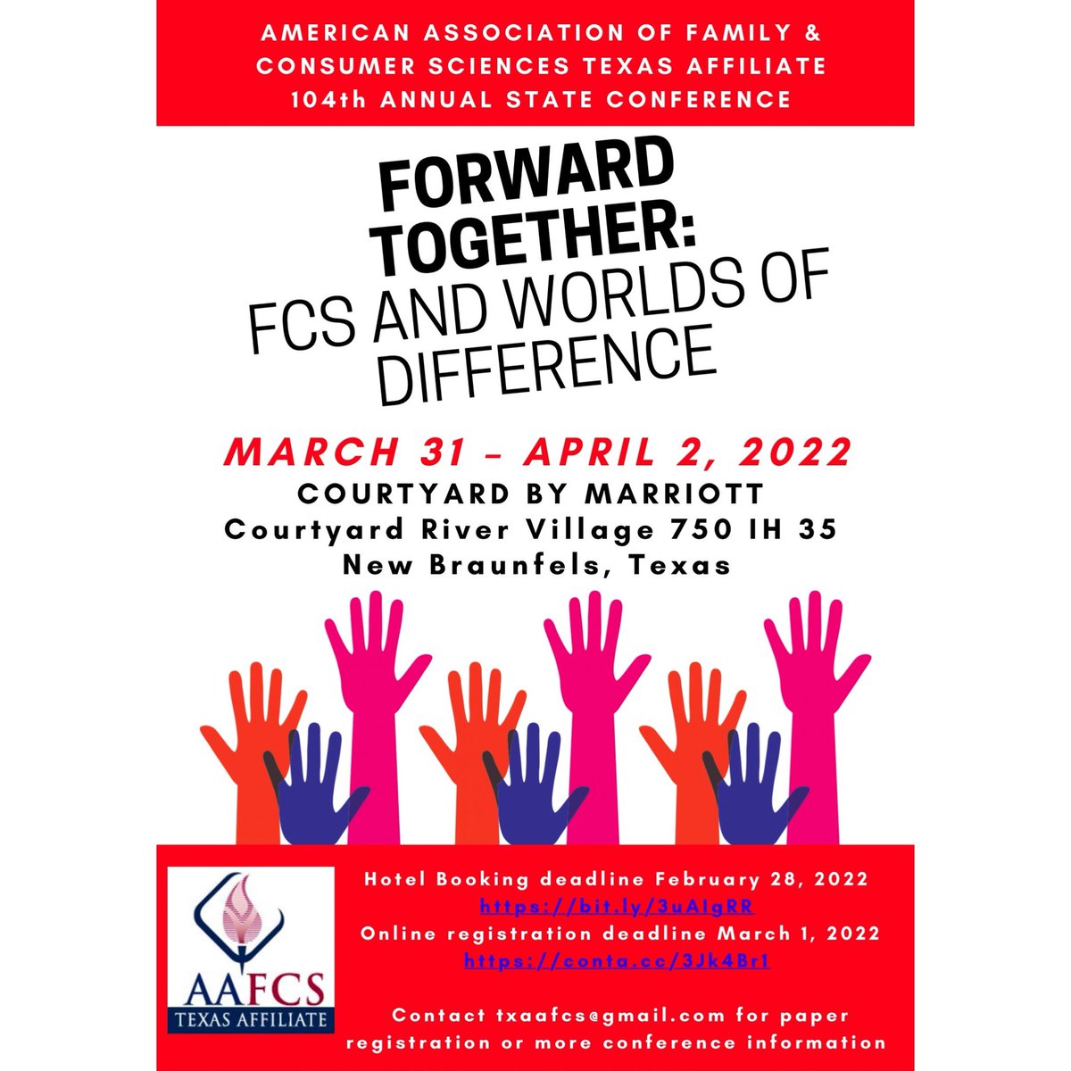 Join Us!! 

Hotel Booking deadline February 28, 2022

bit.ly/3uAIgRR

Online registration deadline March 1, 2022
conta.cc/3Jk4Br1

Contact txaafcs@gmail.com for paper registration or more conference information