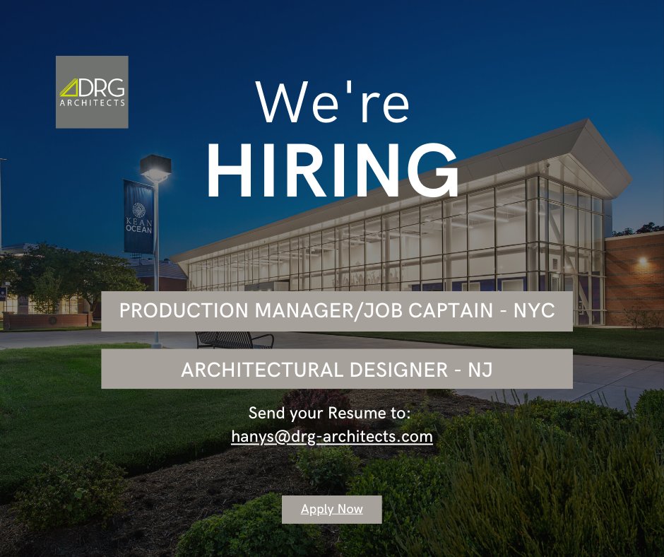 DRGarchitects's tweet photo. DRG is currently looking for a Production Manager/Job Captain for our NYC office &amp; Architectural Designer for our NJ office! Join an award-winning #architecture firm with over 50 years of industry experience &amp; become a part of the #DRGdifference! #Careers https://t.co/dHu7zqlWIe https://t.co/AN5Ml6sBKf