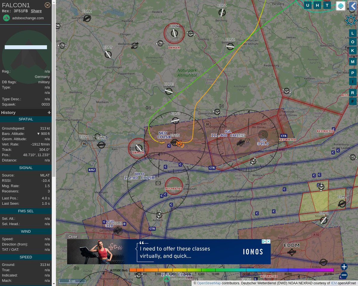 Radar_Assistant's tweet image. MULTI ADSBX MANOEUVRING ALERT : At time Wed Feb 23 14:35:48 2022 #FALCON1  was likely to be manoeuvring at FL139 4nm from HFX Hohenfels_NDB_DE
 near Velburg, Landkreis Neumarkt in der Oberpfalz, Baye #AvGeek #ADSB globe.adsbexchange.com/?icao=3F51FB&amp;amp;z…