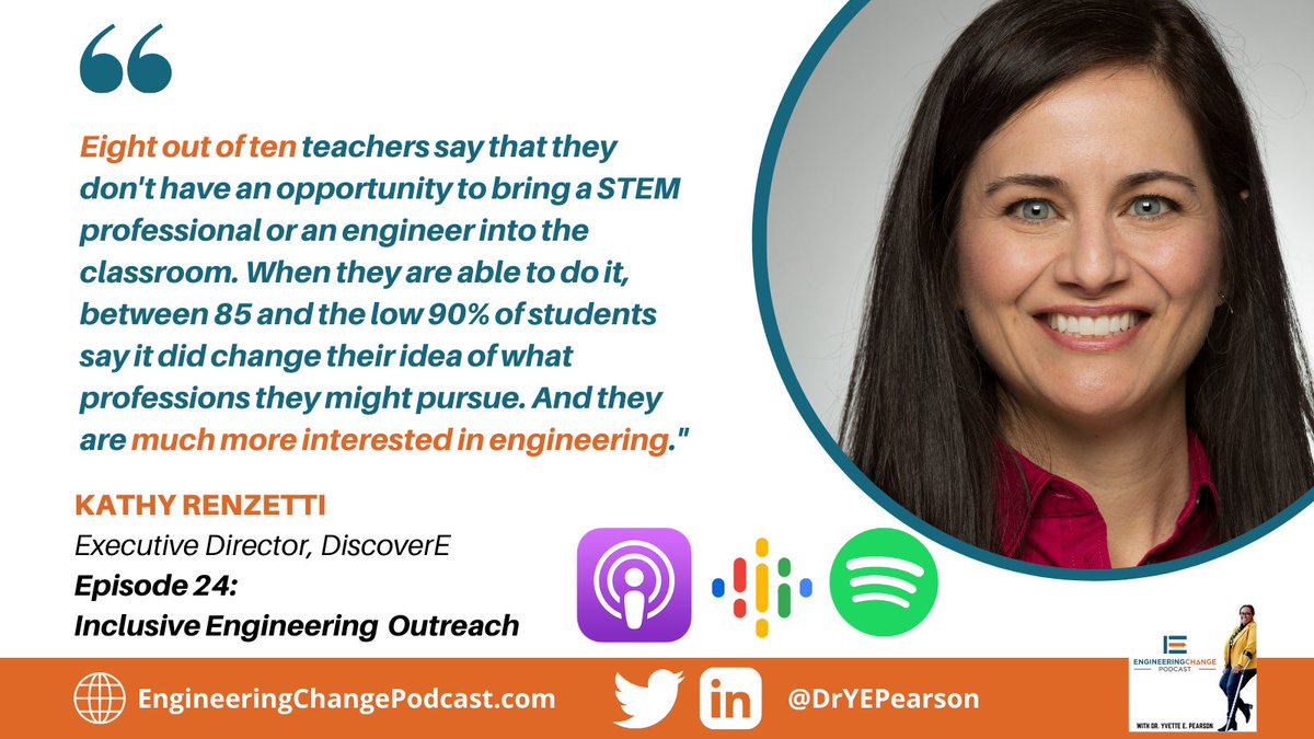 dryepearson's tweet photo. According to Kathy Renzetti of @DiscoverEorg 80% of K-12 teachers don’t have the opportunity to engage #engineers in the classroom. Check out episode 24 of #EngineeringChange podcast to learn the difference it makes when they do! #STEMeducation #EngineersWeek #DrYEP https://t.co/apdn9T1DvE