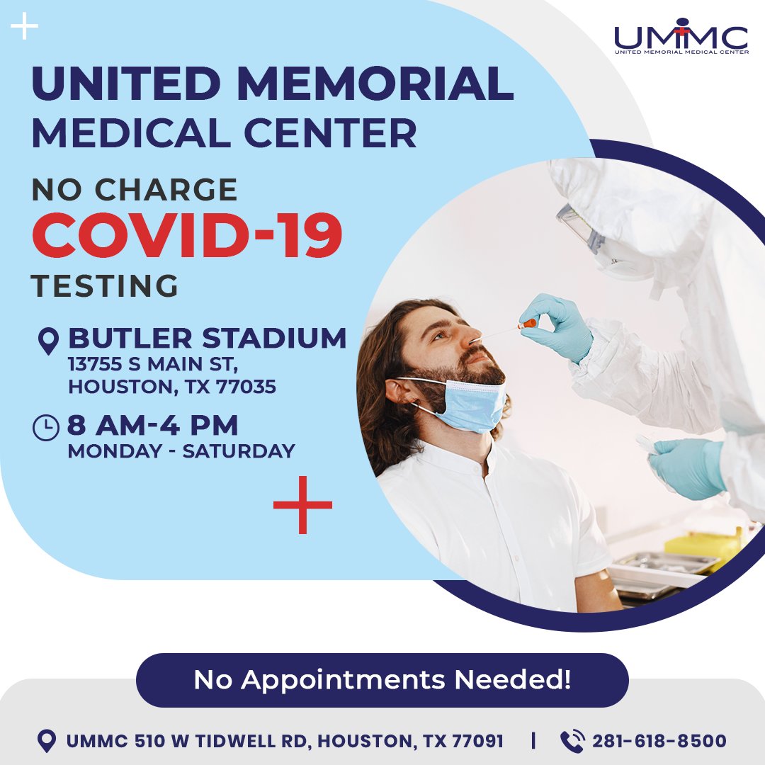 Come on out to Butler Stadium and get tested for COVID-19.
✅When: Monday-Saturday 8AM-4PM
✅Where: Butler Stadium
  13755 S Main St.
 Houston, TX 77035
✅What: NO charge COVID-19 testing!
No appointments needed!
#UMMC #unitedmemorialmedicalcenter #covidtesting #GetTested