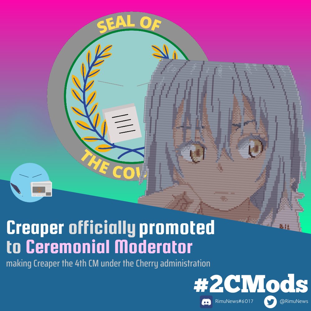 RimuNews's tweet photo. LOOK: Council member @MaouCreaper officially promoted to #CeremonialModerator by CL @Chewwy7676. Creaper is the 4th CM under the Cherry administration and was promoted after a council session vote of 4-1
#RimuNews #2CMods https://t.co/jaBbiCSbYX