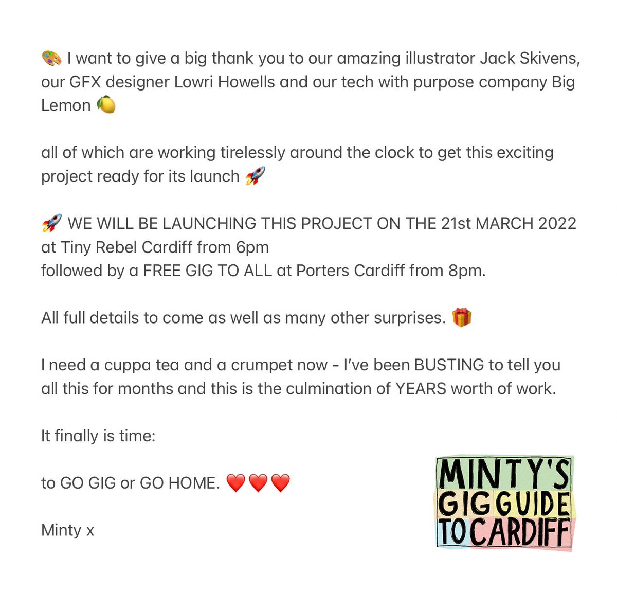 MintysGigGuide's tweet photo. 🏰 WE’RE PUTTING #CARDIFF BACK ON THE MAP!

💰 Minty’s Gig Guide has been funded by @welshgocreative, @FOR_Cardiff &amp; @Welsh_ICE to produce:

🗺 a 2nd map 
📱 an interactive map &amp; digital bilingual platform hosting ALL gigs, launching w/the shows for @BBC6Music Festival &amp; Fringe https://t.co/9FX7lJJZcK