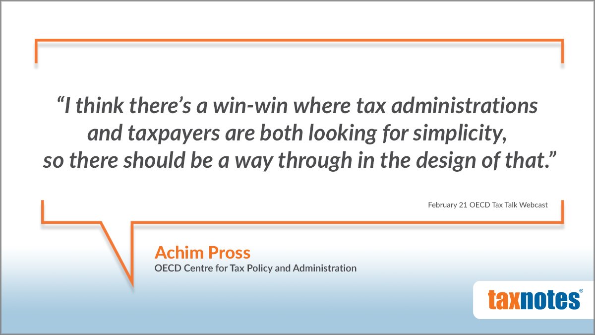 TaxNotes's tweet photo. The #OECD hears stakeholders’ calls for less complexity in the new global corporate tax rules and is considering ways to simplify administration for taxpayers and tax authorities alike, an @OECDtax official said.

➡️ Read the latest by @SoongJohnston: https://t.co/ngKQfiaqXA https://t.co/nbfbBpFar5