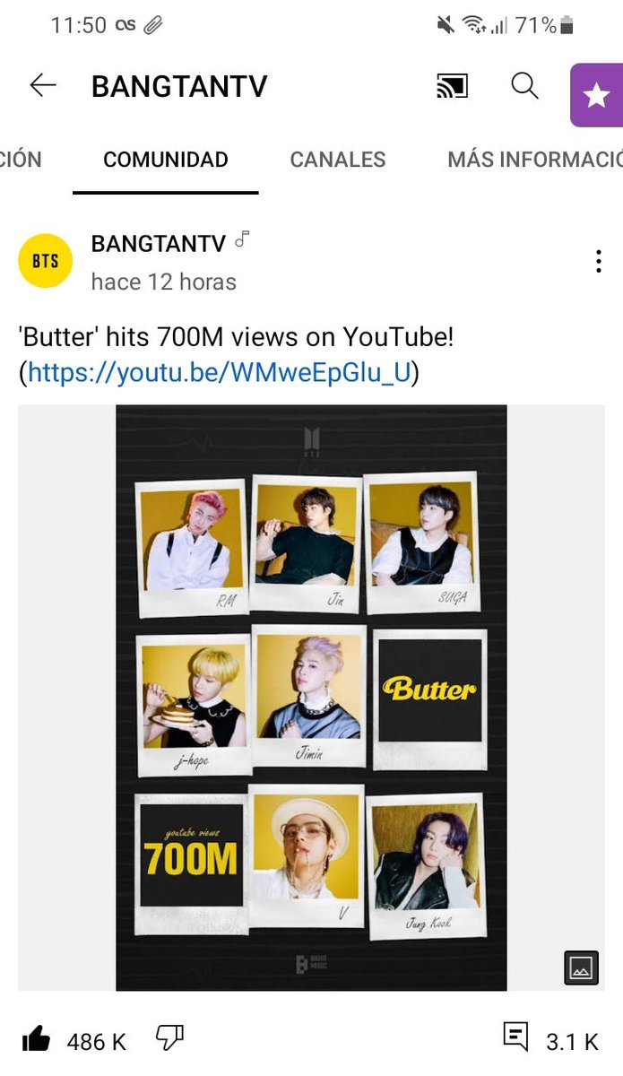 epiphany_yess's tweet photo. Actualización
BANGTANTV:
"Butter" MV alcanzo 700M de vist@s en Y0utub£!! 🥳👏
¡Muchas Felicidades a BTS & ARMY🎊 👏
#Butter700M #Butter7억뷰 #버터7억뷰 #방탄소년단 #BTS #BTSARMY https://t.co/iNvtnJ6iq2