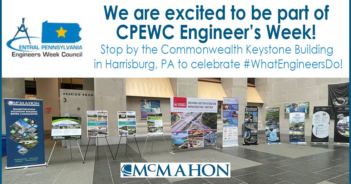mcmahonassoc's tweet photo. Excited to be part of Central Pennsylvania Engineers Week Council (CPEWC) Engineer's Week! Stop by the Commonwealth Keystone Building in Harrisburg, PA to celebrate #WhatEngineersDo. #Eweek2022 #CPEWC @DiscoverEorg @NSPE https://t.co/zo0oQuGs34