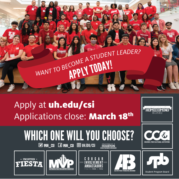 UH_CSI's tweet photo. Do you love going to events on campus? Do you want to be paid for running campus events and traditions? Apply today to become a student leader! Applications close on March 18th at 11:59PM. https://t.co/tYFmorZDol https://t.co/47ZGhnYWqt