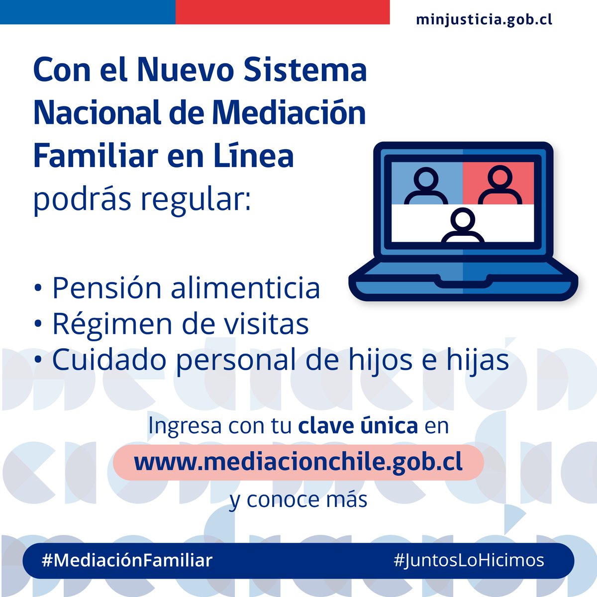 MinjudhTarapaca's tweet photo. ✅El Ministro @HernanLarrainF, anuncia el inicio de la Mediación Familiar en Línea 👩🏾‍💻⚖️un servicio rápido, gratuito y confidencial, para solucionar problemas de pensión de alimentos, régimen de visitas y cuidado personal.
 
📎 Infórmate más en 👉🏾 https://t.co/dEfgPIXrrV https://t.co/htUf3liPbF