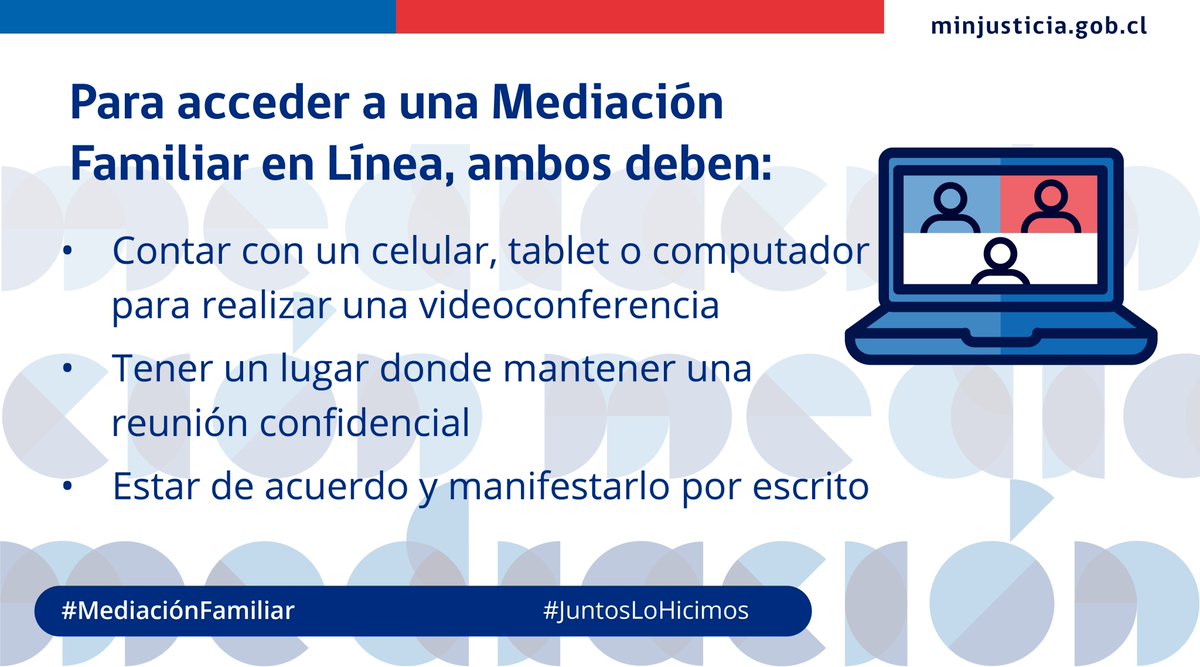 MinjudhTarapaca's tweet photo. ✅El Ministro @HernanLarrainF, anuncia el inicio de la Mediación Familiar en Línea 👩🏾‍💻⚖️un servicio rápido, gratuito y confidencial, para solucionar problemas de pensión de alimentos, régimen de visitas y cuidado personal.
 
📎 Infórmate más en 👉🏾 https://t.co/dEfgPIXrrV https://t.co/htUf3liPbF