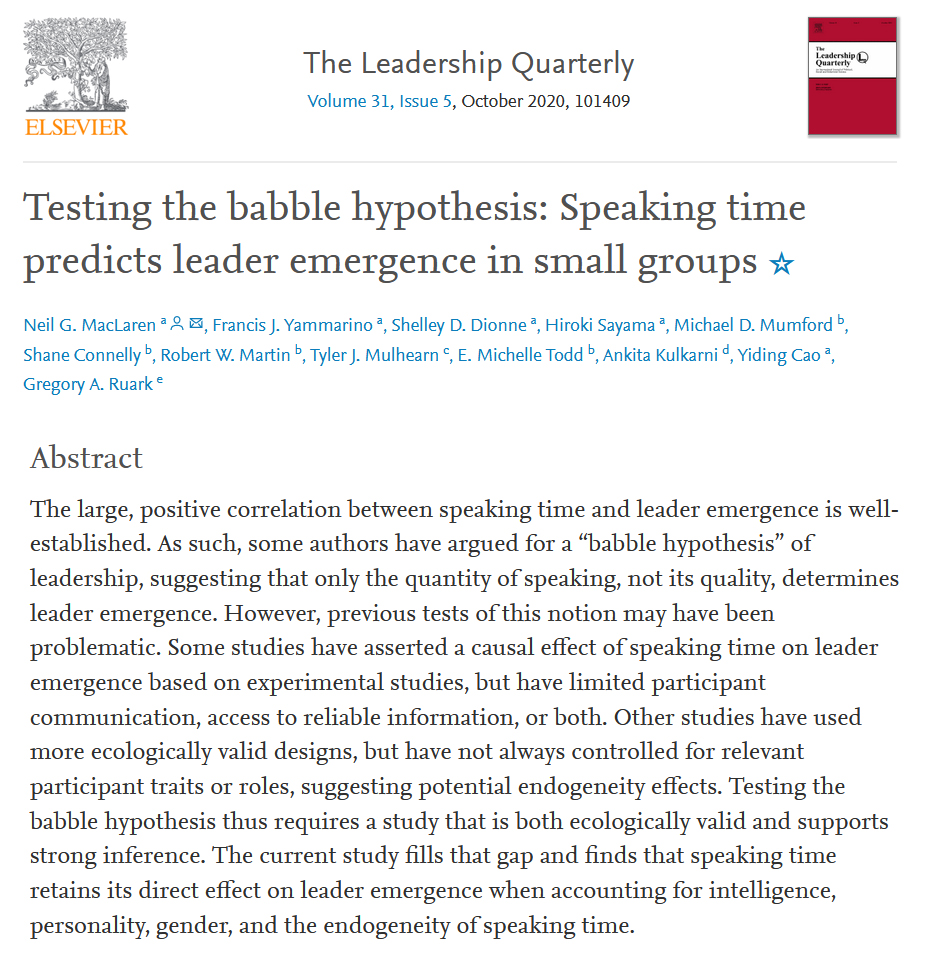 The person who talks the most is the most likely to become the leader.

Data: regardless of intelligence and expertise, groups elevate those who command the most airtime.

It's time to stop rewarding people for dominating the discussion, and start valuing quality over quantity.