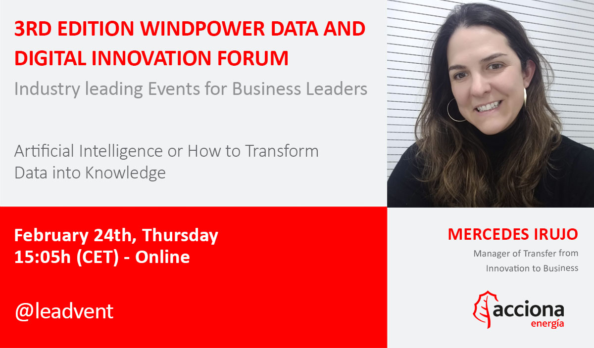 ACCIONAEnergia's tweet photo. Manager of Transfer from Innovation to Business Mercedes Irujo (@IrujoMercedes) will be taking part tomorrow at @leadvent's "AI or How to Transform Data into Knowledge" panel ⚡️💻

All the information here 👉https://t.co/I94LjaAfi9 https://t.co/aAKGcbEps4