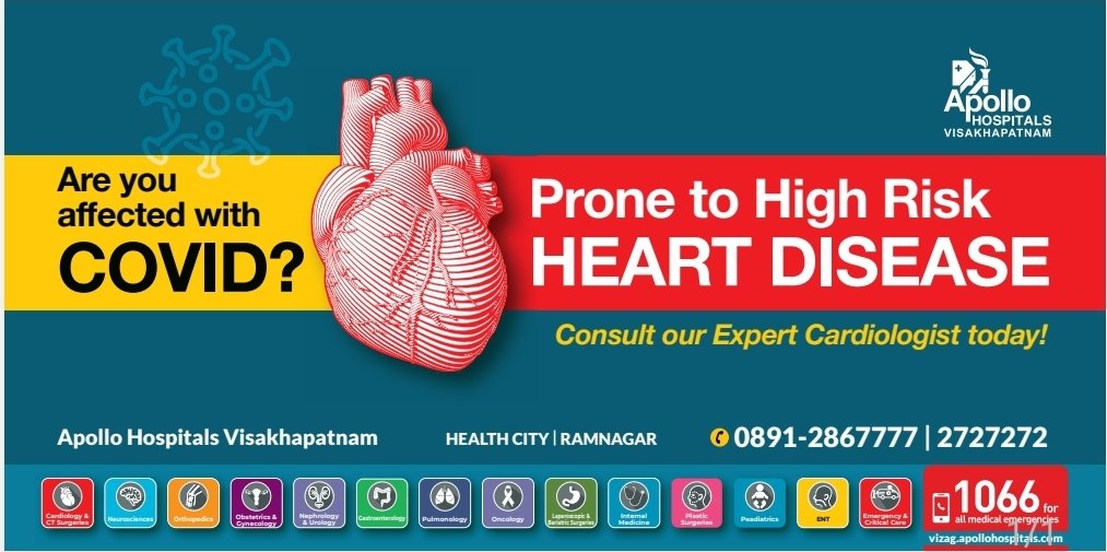 VizagApollo's tweet photo. Are you affected with covid? Prone to high risk heart disease consult our expert cardiologist today! #Apollo Hospitals helath city Visakhapatnam.                                                               #ApolloHospital #apollovizag #cardiology #cardiologist  #cardiology https://t.co/VR7Qm4QgNy