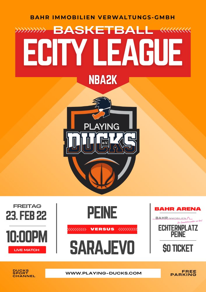 🏀 Die <a href="/PlayingDucks/">Playing-Ducks e. V. 🇩🇪🦆</a> stellen in der Internationalen <a href="/NBA2K/">NBA 2K</a> Basketball eCity League eine Mannschaft. 

Das Team heißt, wie soll es auch anders sein „Peine“ und schon am Abend (22Uhr) geht es gegen die Hauptstadt von Bosnien und Herzegowina „Sarajevo“. 

📺playing-ducks.com