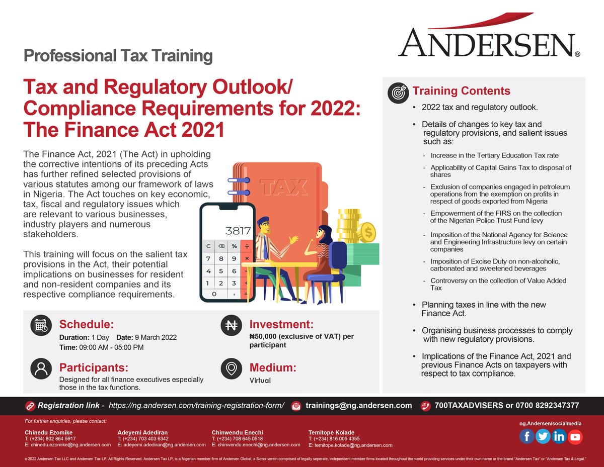 Our training "Tax and Regulatory Outlook/Compliance Requirements for 2022: The Finance Act 2021" will come up on Wednesday, 9  March  2022.

 Click the link to register: ng.andersen.com/training-regis…

Please see attached flyer for more details

#taxtraining #andersentraining