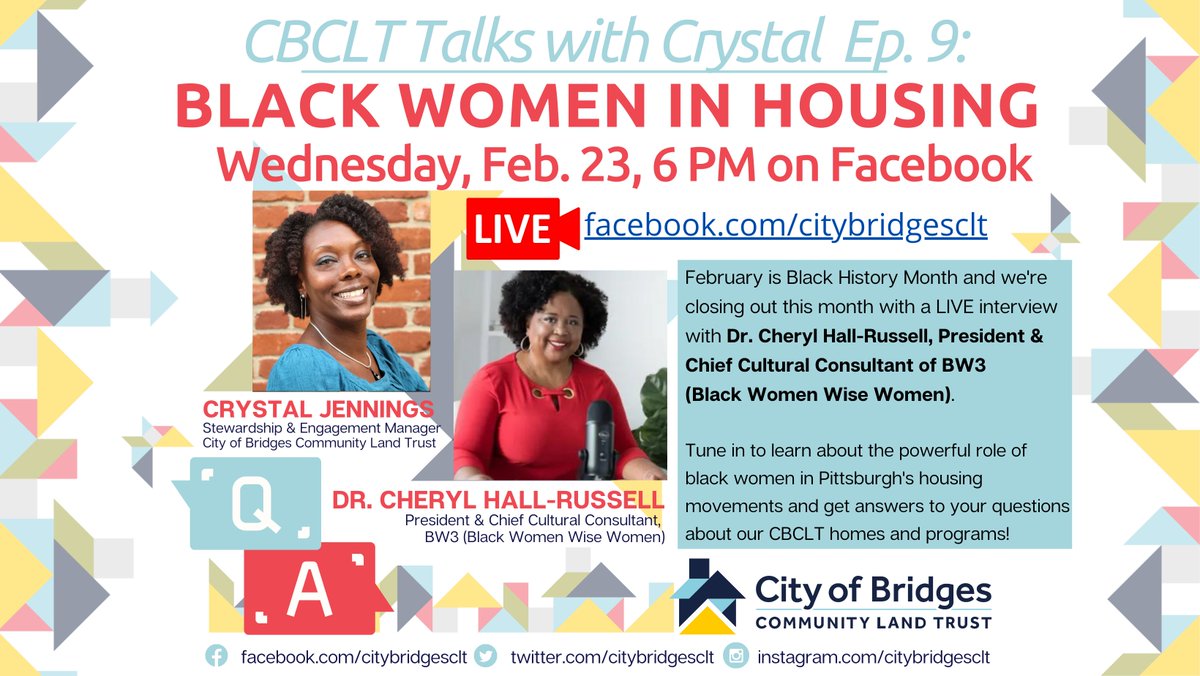citybridgesclt's tweet photo. TONIGHT! We'll be live at 6 PM w/ Black Women in Housing: CBCLT Talks with Crystal, Ep. 9.! We're closing out #BlackHistoryMonth with a conversation with Dr. Cheryl Hall-Russell, President &amp; Chief Cultural Consultant of BW3, @BlackWisewomen https://t.co/u3p8yxuPW3 https://t.co/XHy37t3k4c