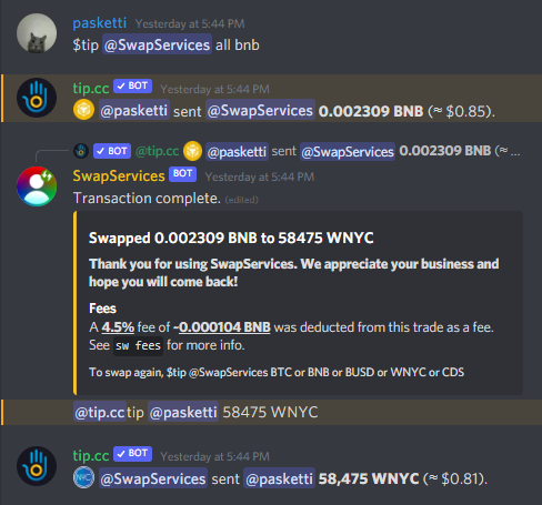 FreeTipccFaucet's tweet image. Announcing TipServices Discord bot! Trade between coins on Tip.cc. Supports BTC, BNB, BUSD, WNYC, or CDS. Try it out in the FreeNYC Discord server today: discord.gg/9bm5Rscd2r