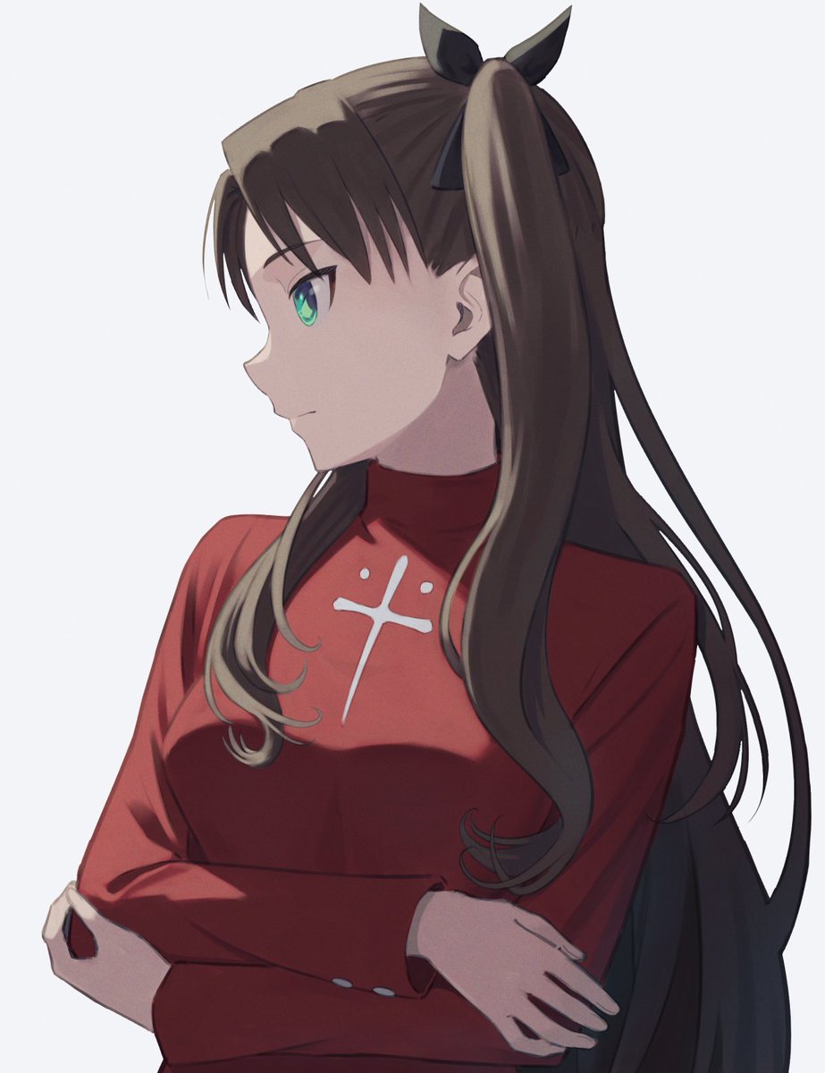 tohsaka rin 1girl solo long hair white background green eyes long sleeves crossed arms  illustration images