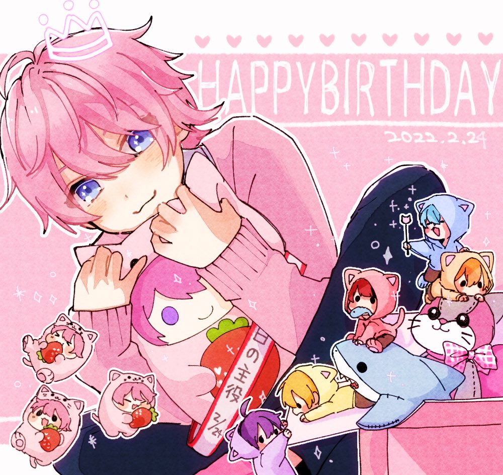 pink hair male focus happy birthday blue eyes animal hood stuffed toy blue hair  illustration images