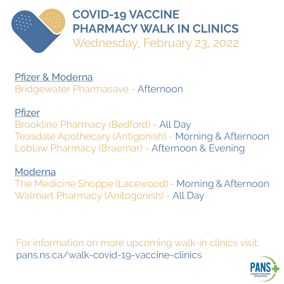 PharmacyNS's tweet photo. There are COVID-19 Vaccine Pharmacy Walk In Clinics today

For a full list of upcoming walk in clinics, visit: https://t.co/s3mlyBa65h https://t.co/lDriWMjmkS