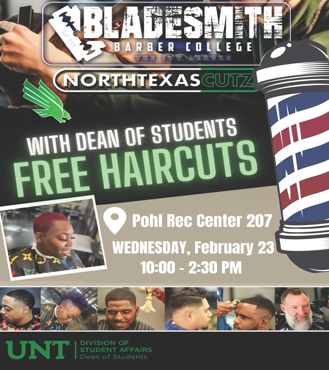 UNTDOS's tweet image. FREE haircuts today from 10am-2:30pm in the Rec Center 207! @UNT_DSA @UNTsocial @UNTRecSports