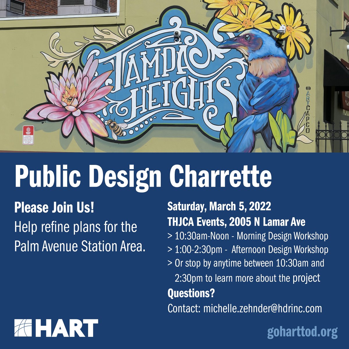 GoHART's tweet photo. Help shape the future of #TampaHeights and surrounding communities. Join us at an in-person design charrette on Saturday, March 5, 2022, at the @TampaHeightsJCA - 2005 N Lamar Ave.

Design Workshop Schedule:
✳ 10:30 AM - 12 PM
✳ 1:00 PM - 2:30 PM
📍https://t.co/zpYc6LhloX https://t.co/H9xRHNcVu7