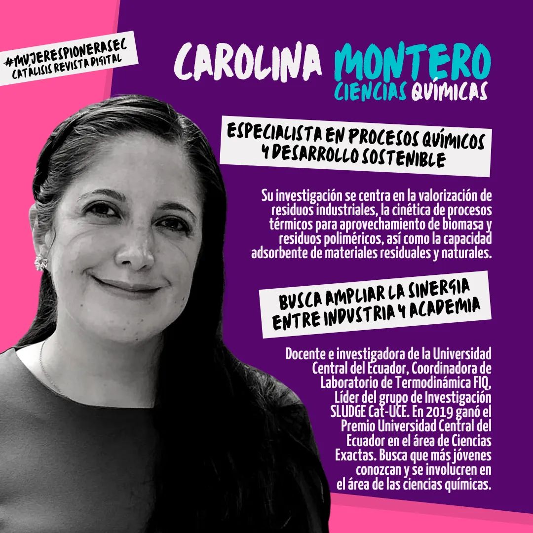 CatalisisEc's tweet photo. Esta semana en nuestra campaña #MujeresPionerasEc, tenemos a la Dra. Carolina Montero, especialista procesos químicos y desarrollo sostenible de @lacentralec, cuya investigación busca ampliar la sinergia entre industria y academia.
#11F #8M #aceleraciencia https://t.co/Jy4UcoHsZ7