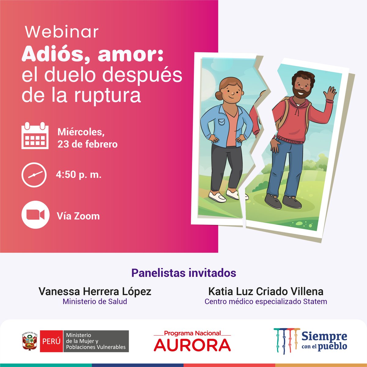 MimpPeru's tweet photo. 📣 #HOY 4:50 p. m. 📣 Participa gratuitamente de nuestro webinar: “Adiós, amor: el duelo después de la ruptura” 🙋♂️🙋♀️
📱 Via Zoom 💻 Inscríbete en ➡ https://t.co/2rwaq35JWn
#HazLaDiferencia #FrenaLaViolencia #ElAmorNoEsControl https://t.co/BHkxazVsC9