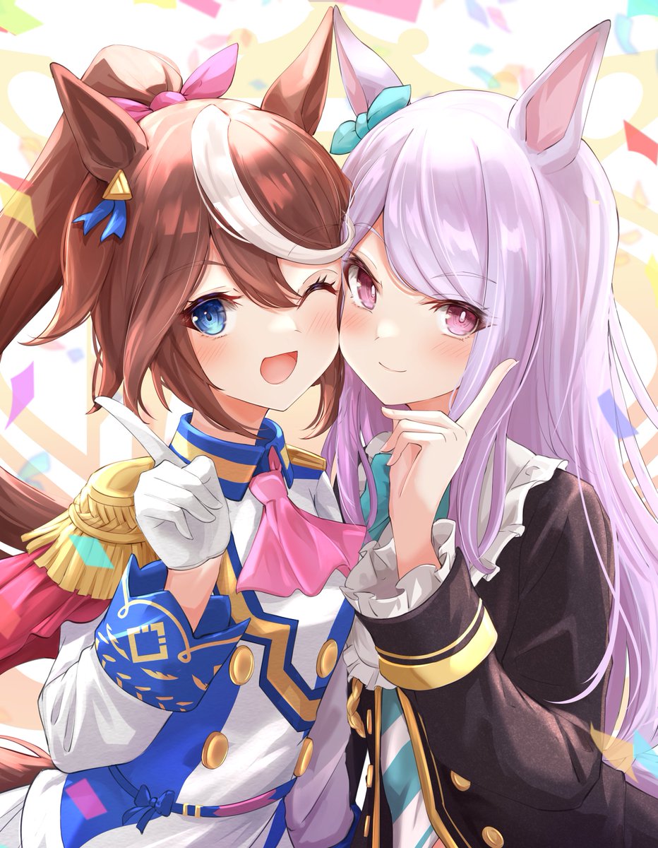 mejiro mcqueen (umamusume) ,tokai teio (umamusume) multiple girls horse ears 2girls animal ears long hair one eye closed brown hair  illustration images