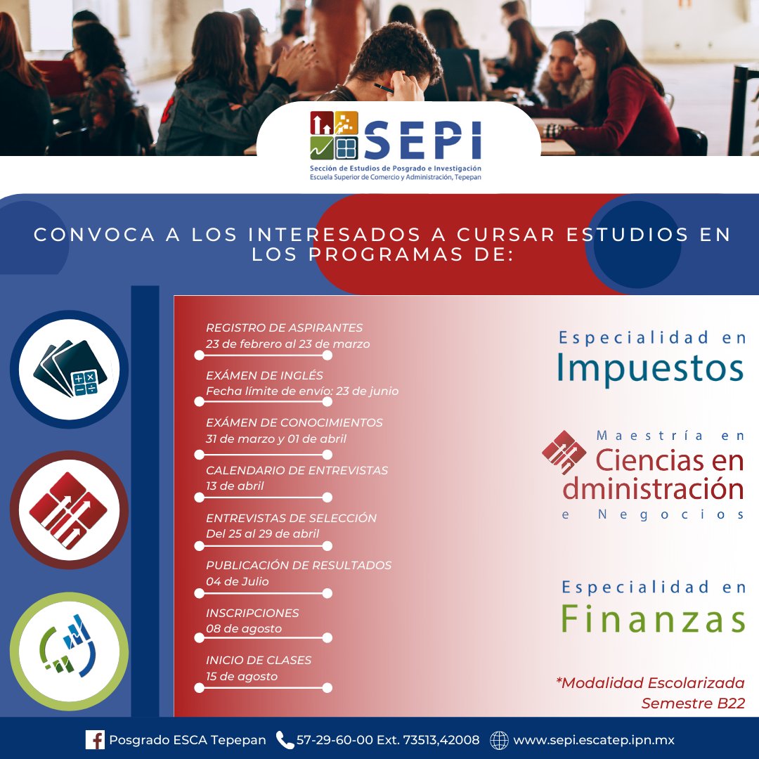 PosgradoESCATEP's tweet photo. 📢 ¡ATENCIÓN! 📢
¿Quieres estudiar una maestría o especialidad?
La Sección de Estudios de Posgrado e Investigación te invita a conocer las tres convocatorias activas que tiene para ti. Puedes consultar las convocatorias en el siguiente enlace: 
https://t.co/J9hxPZAbQc
 #Posgrado https://t.co/vrdDAVQmfq