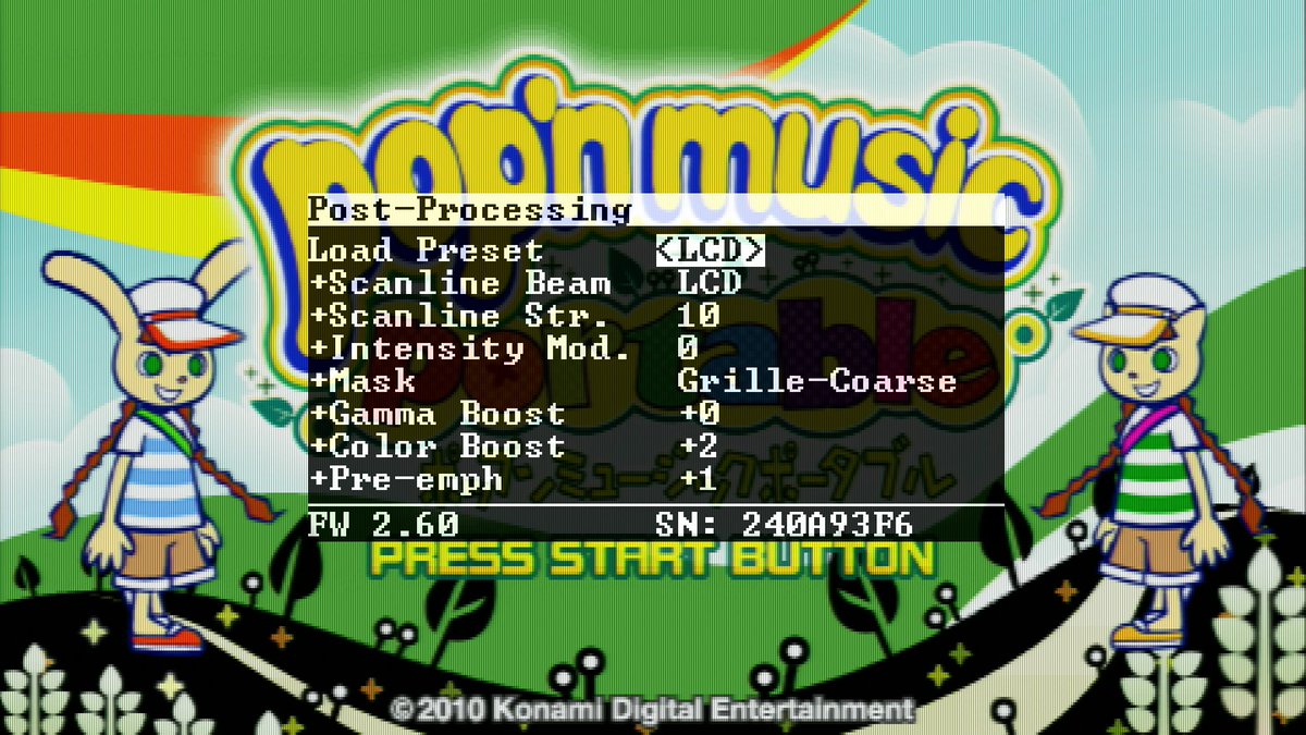 mahi1995's tweet photo. PSPのポップンミュージックポータブルをRetroTINK 5X Proで1080pに拡大してみるテスト。1枚目:シャープ、2枚目:ソフト、3枚目:液晶画面風のエフェクト追加(等倍じゃないと正しく見えない)、4枚目:3枚目の設定内容。これすごくない?PSPだよ?もちろんどの設定でも遅延無くプレイできる。 #RT5X https://t.co/OVH3OUYZXA