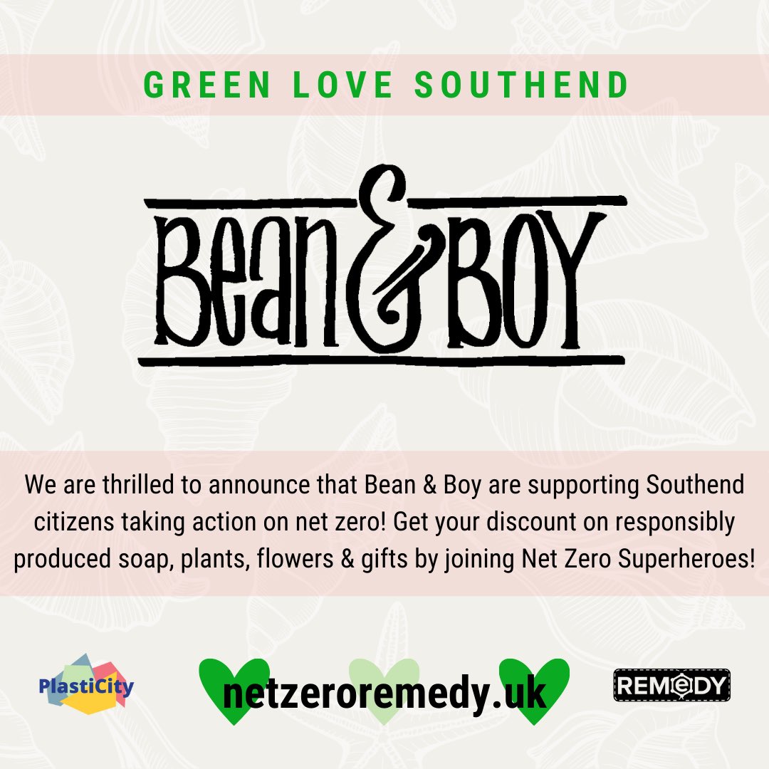 ✨ We are thrilled to announce that <a href="/beanandboy/">bean&boy</a> are supporting Southend citizens to take action on #NetZero.

🧼 Treat yourself &amp; grab a discount on responsibly produced soaps, plants, flowers &amp; gifts by becoming a #NetZeroSuperhero!

🦸‍♂️ Visit netzeroremedy.uk/net-zee-superh… to sign-up!