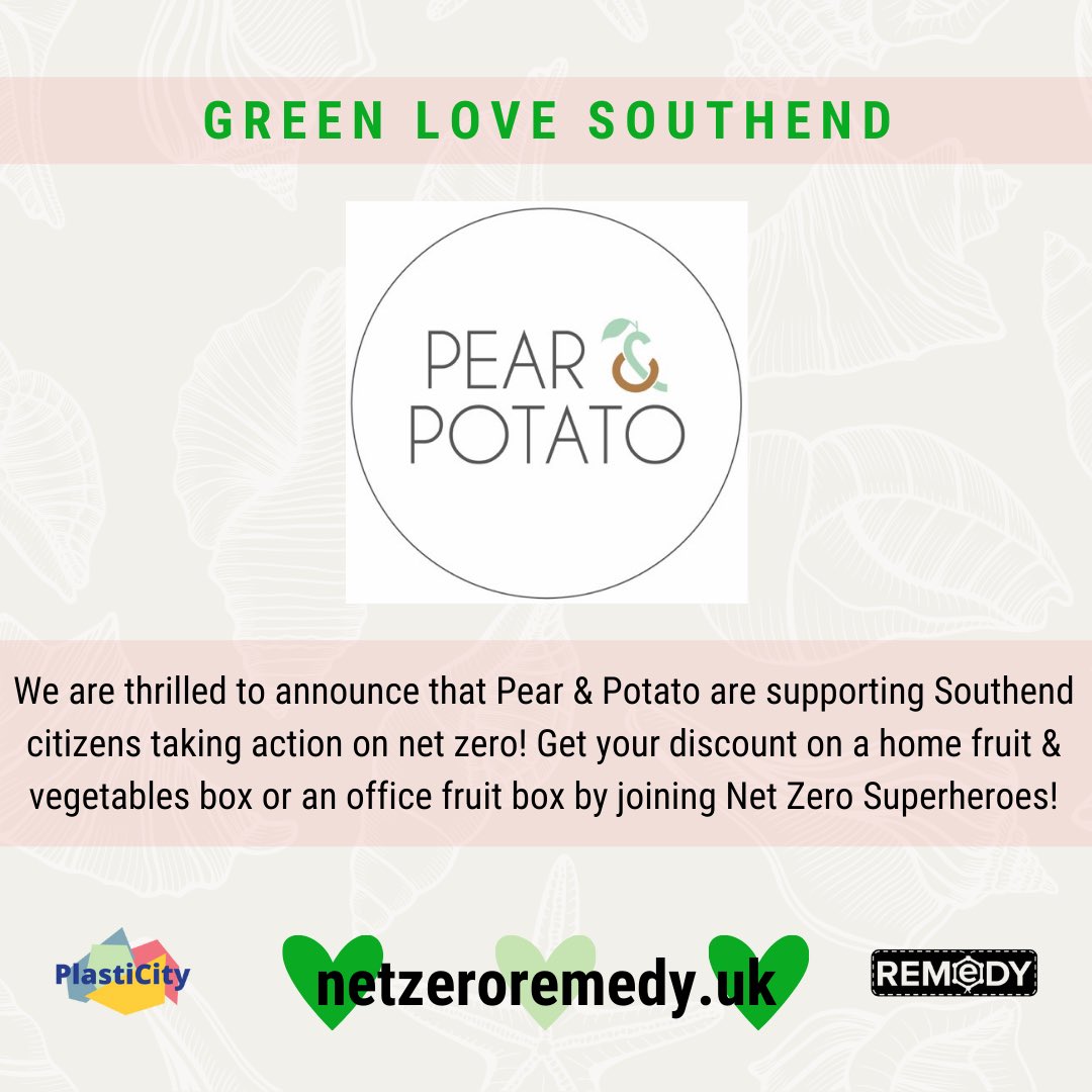 ✨ We are thrilled to announce that Pear&amp;Potato are supporting Southend citizens to take action on #NetZero.

🍐Treat yourself &amp; grab a discount on a home fruit &amp; vegetable box or an office fruit box by becoming a #NetZeroSuperhero!

🦸‍♂️ Visit netzeroremedy.uk/net-zero-super… to sign up.