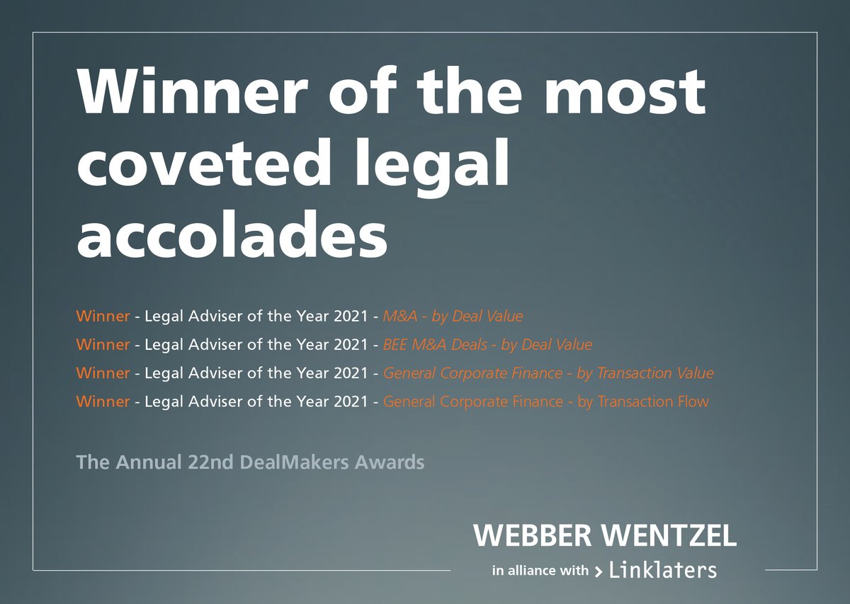 webberwentzel's tweet photo. Webber Wentzel wins coveted legal accolades at the 22nd Annual DealMakers Awards: https://t.co/VMJ3Ph1ihS

#DMawards #DealMakersAwards https://t.co/0pKdKeQtrS