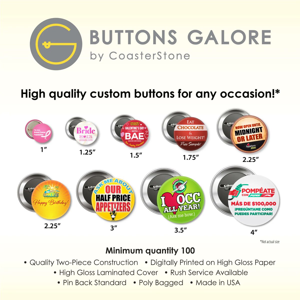 Buttons Galore by CoasterStone provides high quality custom pin back buttons for any occasion! Check out all of our size options ranging from 1 inch to 6 inches! 
 
#buttonsgalore #coasterstonecustom #custompromo #pinbackbuttons #promotionalitems #buttons #marketing