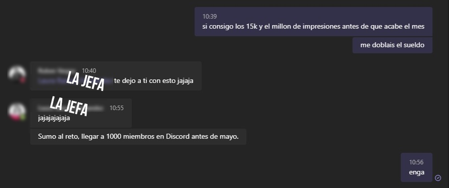 Si consigo:

15k followers (ahora 12.4k)
1M de impresiones (nos queda poquito)
1k en Discord (discord.gg/fe5NDbD6)

...me doblan el sueldo. Twitter haz tu magia👀🍕🙏