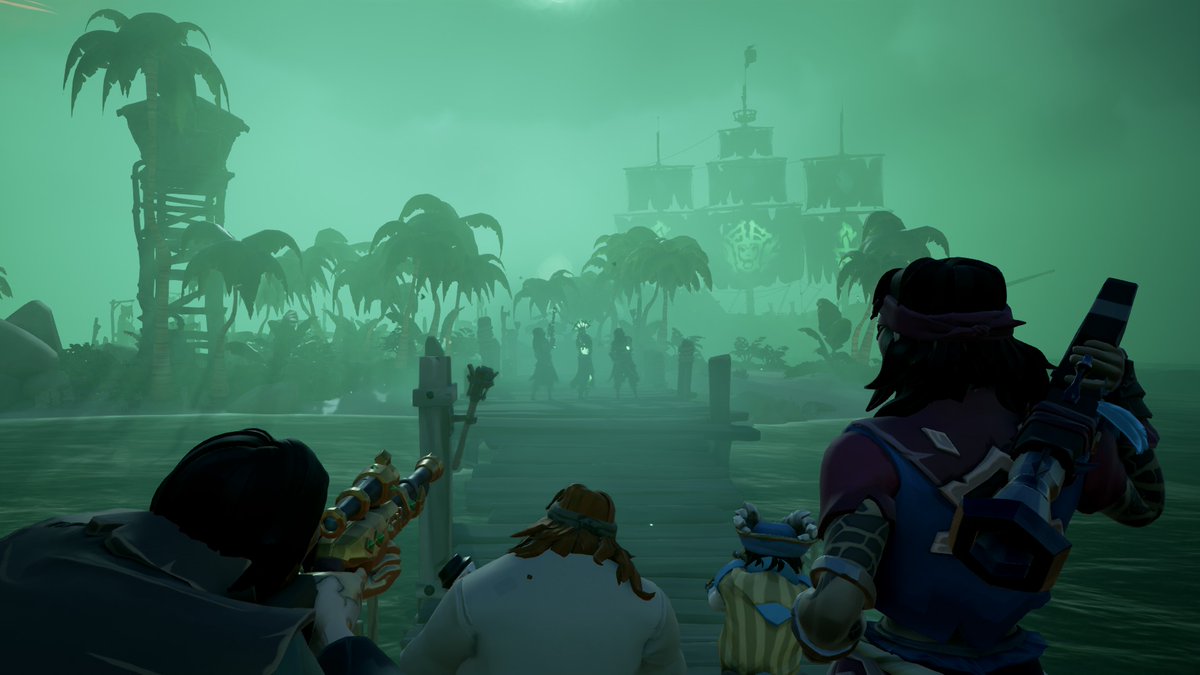 Figures emerged to greet the threat, even as the suffocating mist choked their breath and stung their eyes. Hugh, Olga, Mavis, and even Sharon the Shipwright, stood ready to defend their home. <a href="/SeaOfThieves/">Sea of Thieves</a> #SoTShot