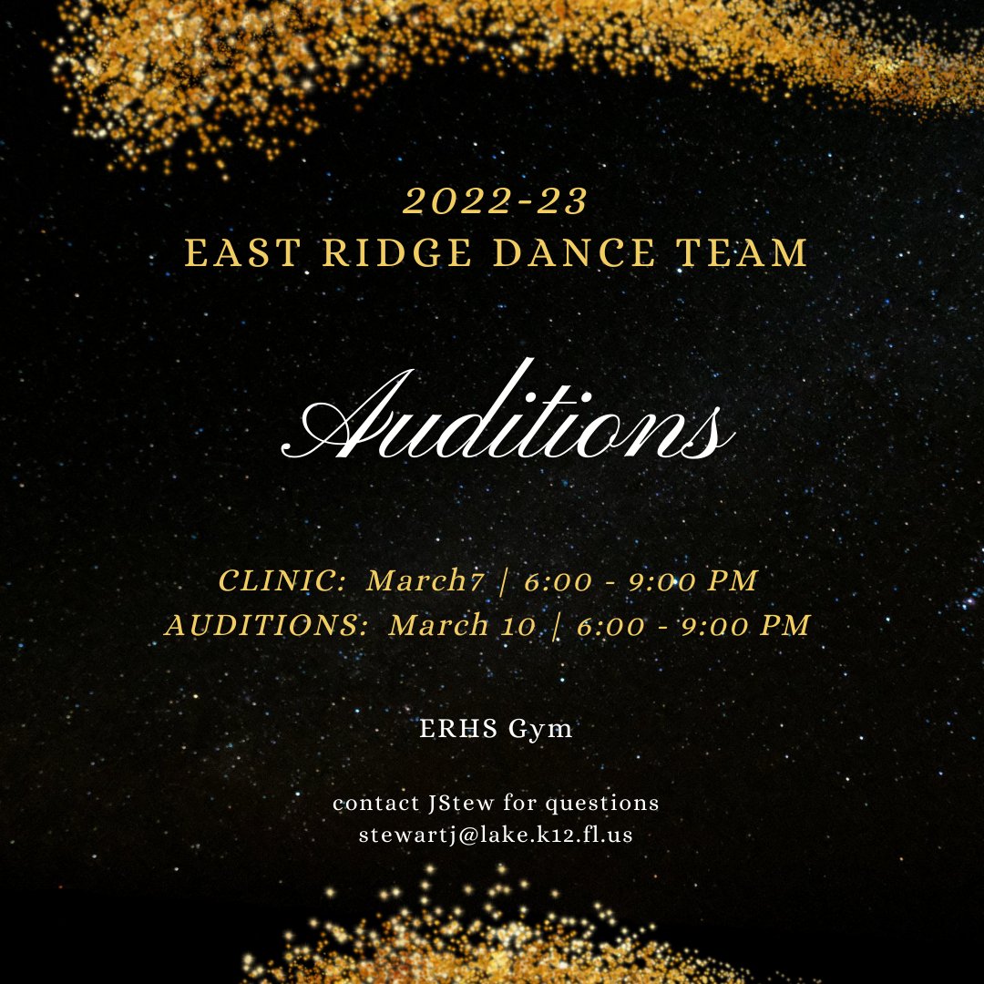 Interested in auditioning for the 2022-23 East Ridge Dance Team?  

Interested dancer/parent meeting: 
2/28 @ 6 PM in the Auditorium

Clinic (required):  3/7  
Auditions (required): 3/10 

ERHS Gym from 6-9 PM

Follow the dance team on Instagram for updates:  @erhsdance