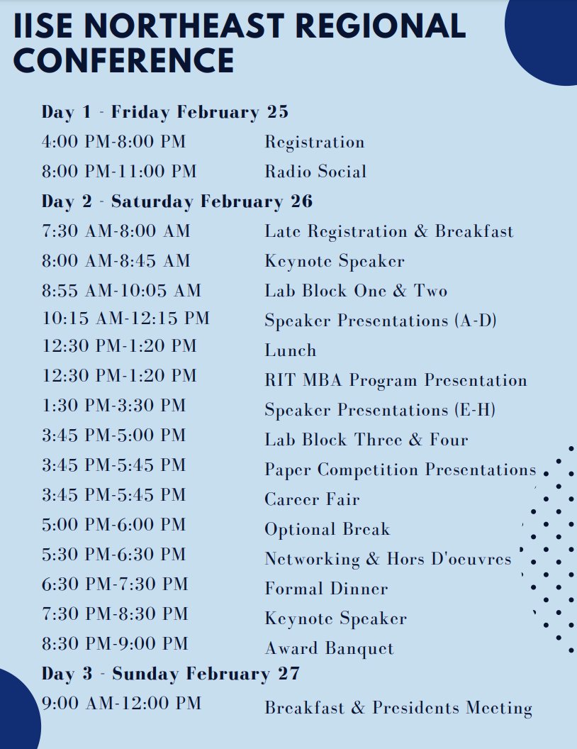 rit_ise's tweet photo. This weekend RIT IISE chapter is hosting the IISE Northeast Regional Conference! The conference will feature speakers such as David Poirier, Bob Bechtold, Victoria Stephen, Luis Mesen, Katy Lucchesi, and Bill Hovey. Link in bio to buy your tickets!
#rittigers https://t.co/v6Uxhm6dE6
