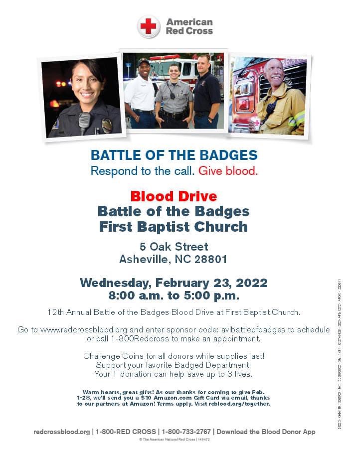 AshevilleFD's tweet photo. Vote AFD!!  The 12th Annual #BattleoftheBadges is happening now! Donate to @ARCBloodCAR @ First Baptist Church, 5 Oak St 
@CityofAsheville  from 8am-5pm.  @NCSHP @AshevillePolice
 @BuncombeSheriff @buncombeGov https://t.co/5mERb7w4iE