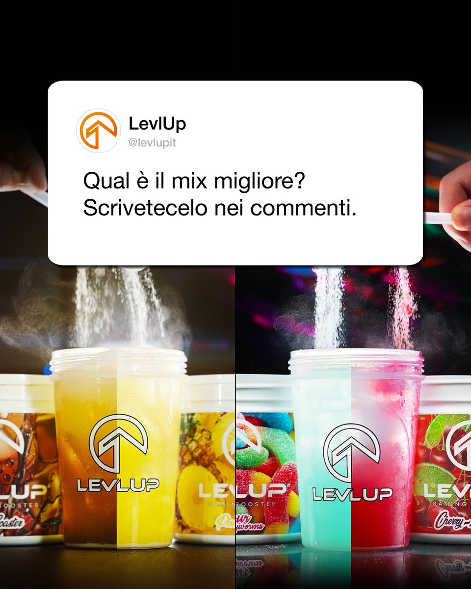 levlupit's tweet photo. Chi vincerà la Mix Battle? 🔥 Il mix perfetto di Cola Coaster e Pineapple Pop o quello fantastico di Sour Gummyworm e Cherry Lemonade? 🤤 Oppure ce ne consigliate un altro?
#levlup #gamingbooster #mixandmatch https://t.co/748IYK3Gva