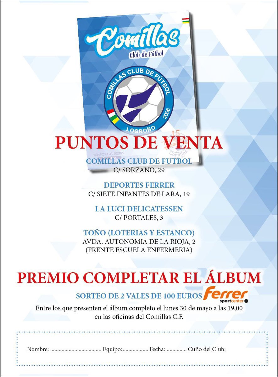 ComillasCF's tweet photo. ⚽️ 🔵 ÁLBUM DE CROMOS 🔵 ⚽️ | Siguiendo con la celebración de nuestro 15 Aniversario, ya está aquí el álbum de cromos oficial del Comillas CF! A partir de mañana, jueves 24, estarán a la venta los sobres y el álbum en los puntos de venta señalados. 💪🔵⚽️ #somosazules https://t.co/kW6WNHdEzT