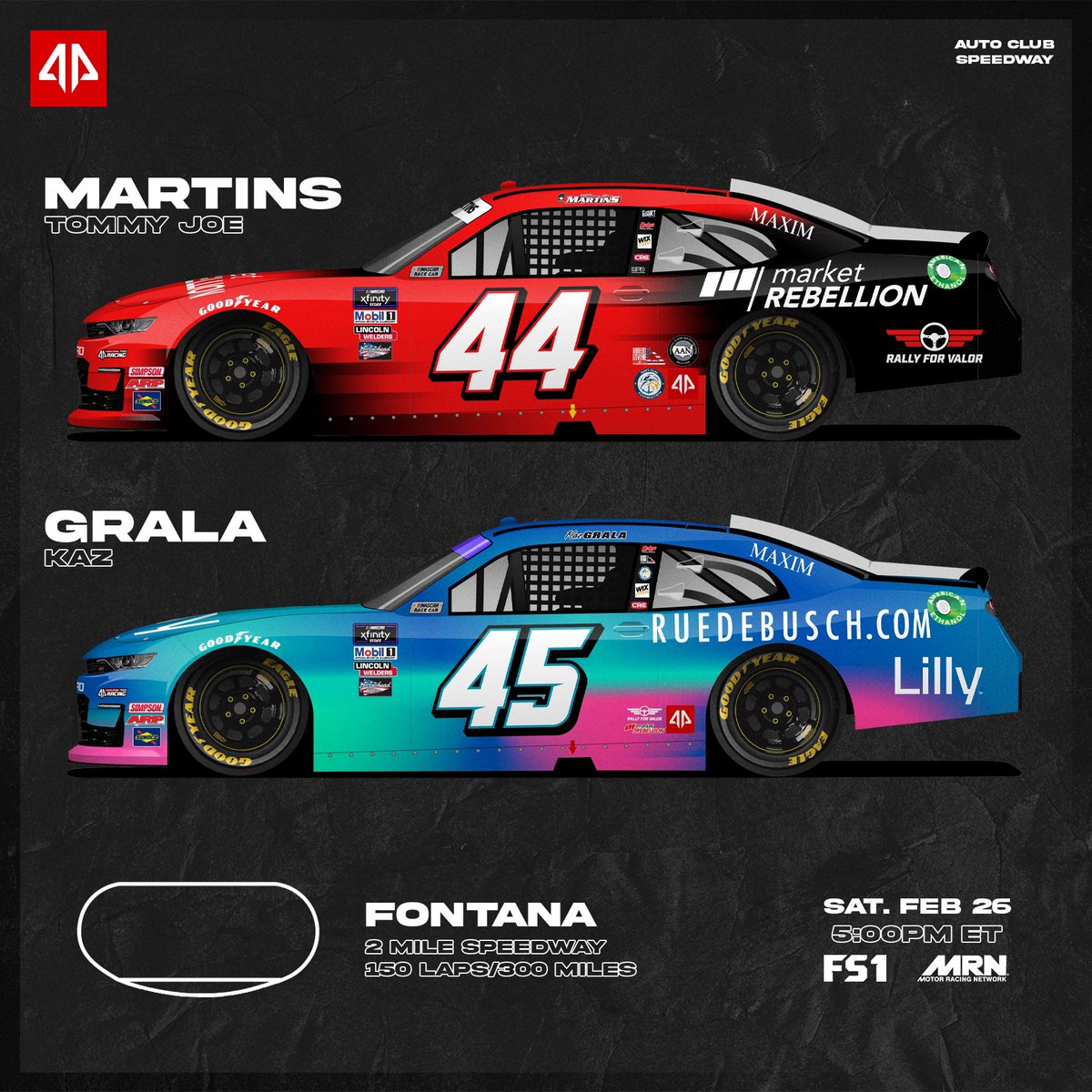 TeamAlphaPrime's tweet photo. Off to @AutoClubSpdwy for the start of our west coast swing! 🏜

@TommyJoeMartins and @MarketRebels are back, while @KazGrala sports the @LillyFinance // Ruedebusch Development &amp; Construction colors! https://t.co/BeuEAlgzOY
